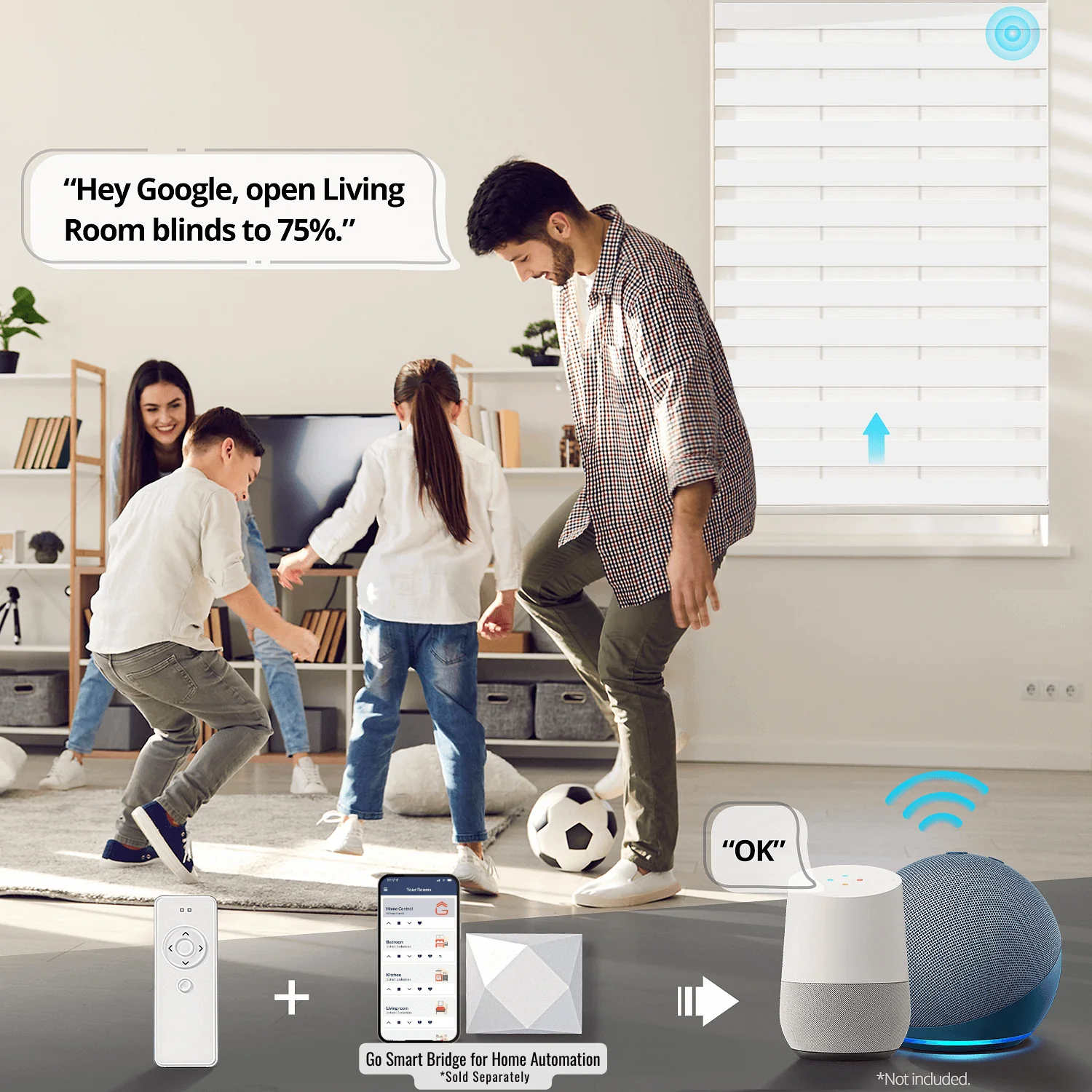 Modern interior featuring smart window coverings controlled by a smartphone